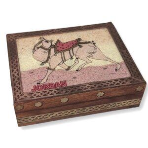Vintage Wooden Keepsake Box Jordan Middle East Camel Glass Brass Trinket